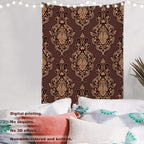 Batmerry Brown Damask Floral Tapestry, Vintage Golden Brown Damask Pattern Wall Art Hanging Decoration Polyester Fiber White Ruffled Around for Dorm Room Bedroom Living Room, 82.7x59.1 inches