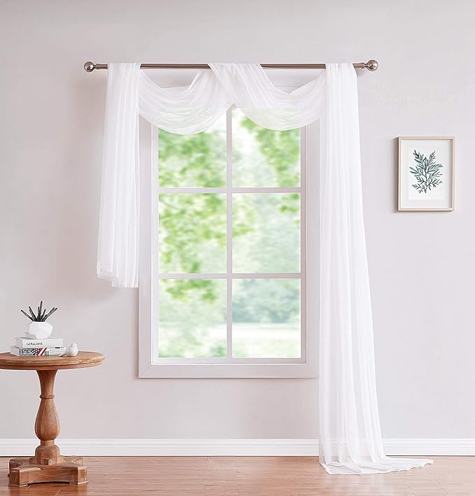LinenZone White Window Scarf Valance in 144 Inch Size. Use Window Scarves as Canopy Bed or Backdrop Curtains, Curtain Scarf, or Sheer Fabric for Draping. (Amazing 55 x 144, White)