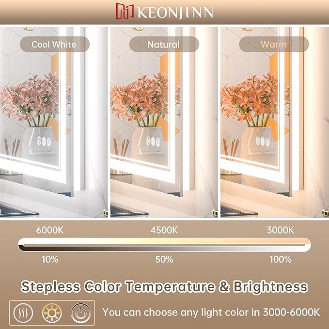 Keonjinn LED Bathroom Mirror 60" x 40" with Frontlit and Backlight, Tempered Glass Stepless 3 Colors Temperature & Dimmable Vanity Mirror, UL Listed LED Driver, Double Lights Anti-Fog Wall Mirror