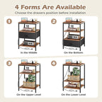 SUPERJARE Night Stand with Charger Station, 27.7 Inch Tall Nightstand with Adjustable Fabric Drawer, Bed Side Table, Fabric Drawer Dresser for Bedroom, Living Room, Rustic Brown and Black