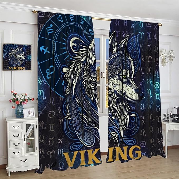 Viking Wolf Curtains Blue Rune Nordic Gothic Animal Curtains Dark Ancient Totem Mythological Pattern Printed Curtains Boys Bedroom Living Room Decoration Blackout Curtains W42 * L54 Inch