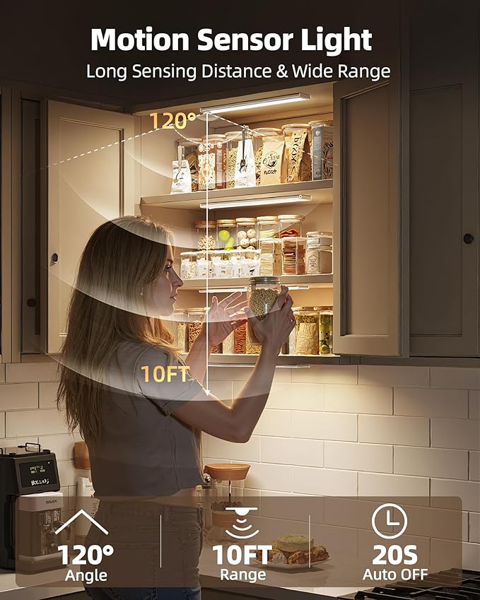 Under Cabinet Lighting Wireless,Rechargeable Battery Motion Sensor Light Indoor,LED Closet Lights USB Charging,3 Color Dimmable Under Cabinet Lights for Kitchen, Cabinet, Wardrobe (3 Pcs) 8inch