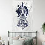 Lunarable Moon Phases Tapestry, Space Shuttle Astronaut in Lotus Position Tattoo Design Yoga Meditation, Wall Hanging for Bedroom Living Room Dorm Decor, 60" X 80", Dark Blue White