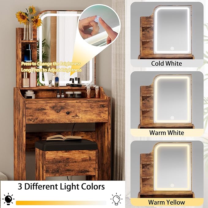LIKIMIO Small Makeup Vanity Desk with Mirror and Lights, Vanity Table Set with Storage Drawer, Chair and Three Shelves, Bedroom, Vintage Brown