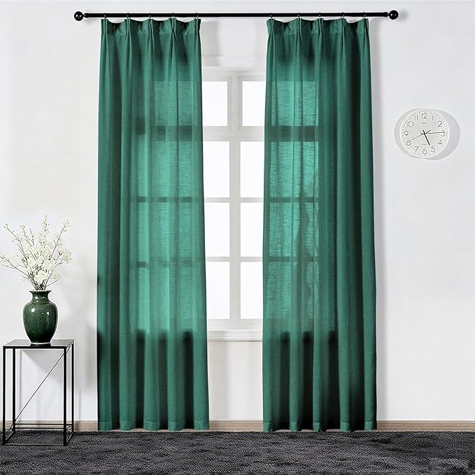 Emerald Green Curtains Semi Sheer 102 Inch Long, Dark Linen Textured Light Filtering Drapes for Living Room, Hunter Green Window Decor, Floor to Ceiling Pinch Pleat Curtain with Hooks