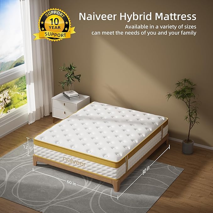 Cooling Gel Memory Foam Hybrid Mattress, 12 Inch Queen Size Mattress in A Box with Pocket Springs for Back Pain & Pressure Relief, Medium Firm Feeling with CertiPUR-US Certified Foam