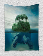 Ambesonne Underwater Tapestry, Giant Turtle Carrying Island on Its Back Swimming Under Ocean Print, Wall Hanging for Bedroom Living Room Dorm Decor, 40" X 60", Green Blue