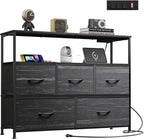 WLIVE Dresser for Bedroom, 5 Drawer Dressers with Charging Station, Fabric Chest of Drawers with Open Shelves, Storage Dresser for Living Room, Closet, Entryway, Charcoal Black Wood Grain Printt