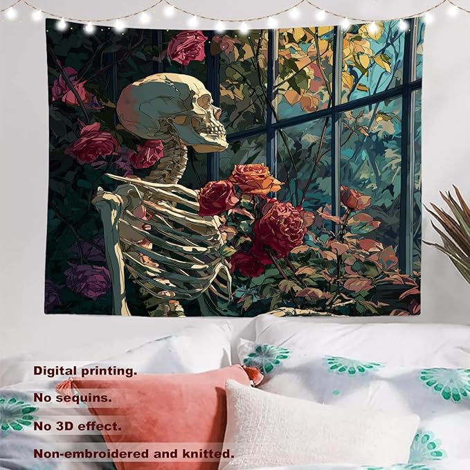 Batmerry Skeleton Roses Greenhouse Tapestry, Skeleton Roses Glass Flowers Wall Art Hanging Decoration Polyester Fiber White Ruffled Around for Dorm Room Bedroom Living Room, 51.2x59.1 inches