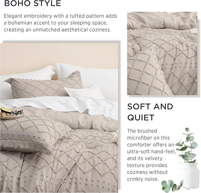 Bedsure King Comforter Set - Linen Comforter, Boho Tufted Shabby Chic Bedding for Kids, 3 Pieces Vintage Farmhouse Bed Set for All Seasons, Fluffy Soft Bedding with 2 Pillow Shams