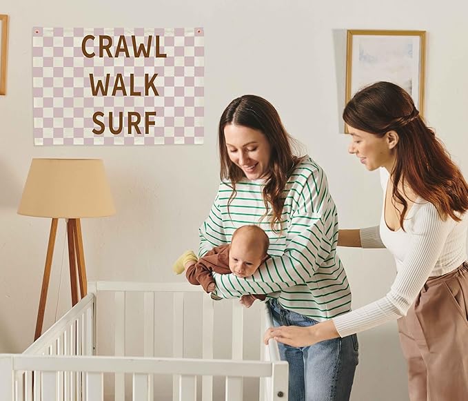 Nursery Rectangular Canvas Banner-Boho Flag Wall Sign Decor for Baby Boy Girl Kid,Baby Room Above Crib Playroom Reading Room Bedroom Decor-Crawl Walk Surf Theme-Baby Shower Birthday Christmas Gift