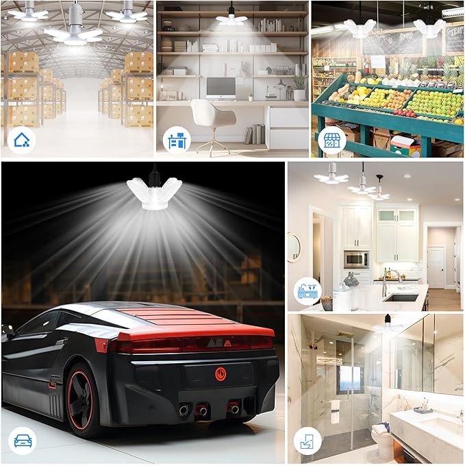 4Pack LED Garage Light Bulb, Mini 50W LED Garage Ceiling Lights 4+1 Adjustable Panels,5000Lumen Garage LED Light Bulb,E26 6500K Daylight LED Shop Lights for Garage,Kitchen,Living Room,Attic Light