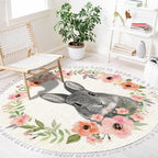 Woodland Animals Round Rugs Flower Crown Rabbit Barn Animal Boho Area Rug in Pastel Color Linen and Cotton Carpet Nursery Rug Washable Hallway Runner Mat Accent Rug for Bedroom Powder Room 4ft