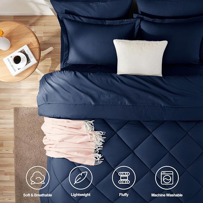 CozyLux Oversized King Comforter Set Navy Blue, 7 Pieces Bed in a Bag Comforter Set with Sheets Luxury Bed Set for All Seasons, Bedding Set with Down Alternative Comforter, Sheets, Pillowcases & Shams
