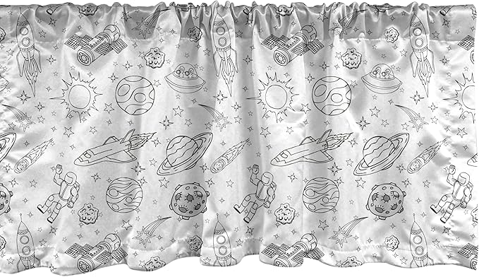 Ambesonne Cartoon Window Valance, Doodle Solar System Astronauts Space Crafts Shooting Stars Science Fiction Theme, Curtain Valance for Kitchen Bedroom Decor with Rod Pocket, 54" X 18", White Black