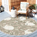Round Rugs Forest Rabbits Floral Elements Cute Hand Drawn Rabbit Boho Area Rug Linen and Cotton Carpet Meditation Rug Washable Hallway Runner Mat Accent Rug for Bedroom Bathroom 4ft
