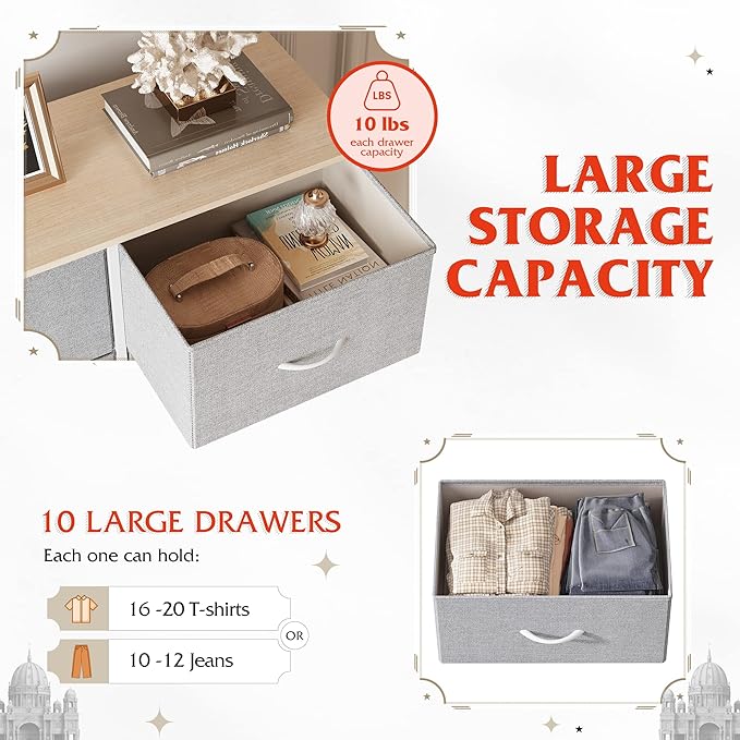 WLIVE Tall Dresser for Bedroom with 10 Drawers, Chest of Drawers, Dressers Bedroom Furniture, Storage Organizer Unit with Fabric Bins for Closet, Hallway, Living Room, Entryway, Light Grey