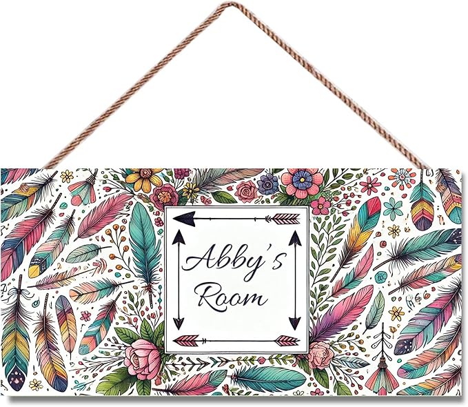 Personalized Sign Colorful Feather Decor For Girls Room and Baby Nursery Kids Bedroom Custom Name Wood Plaque Hanging Plate Wall Art Decor