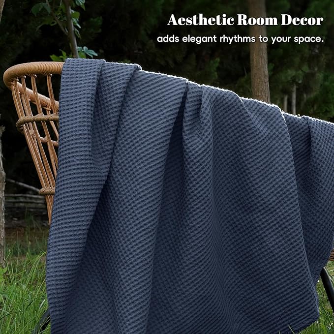 PHF 100% Cotton Waffle Weave Blanket King Size for Bed,Snag Proof Lightweight Breathable Moisture-Wicking Throw for Couch,Great for Layering in Cold Weather,Machine Washable,Home Decor Gift-Dark Navy