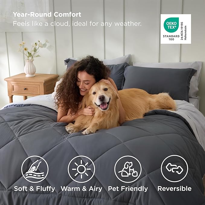 Bedsure King Size Comforter Set - 7 Pieces Reversible Dark Grey Bedding, King Size Bed Set for All Seasons, Bed in a Bag with Down Alternative Comforter, Sheets, Pillowcases & Shams