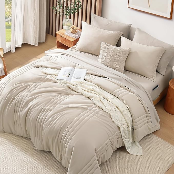 Monbix King Size Comforter Set - 7 Pieces Bed in a Bag King, Apricot Beige Bedding Sets with Comforter, All Seasons Comforter Bed Set with Sheets, Pillowcases & Shams