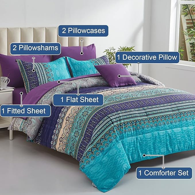 Boho Comforter Set California King Size 8 Piece Bed in a Bag Bohemian Striped Bedding Quilt Set Aqua Paisley Floral Comforter and Sheet Set,Soft Microfiber Complete Bedding Sets for All Season