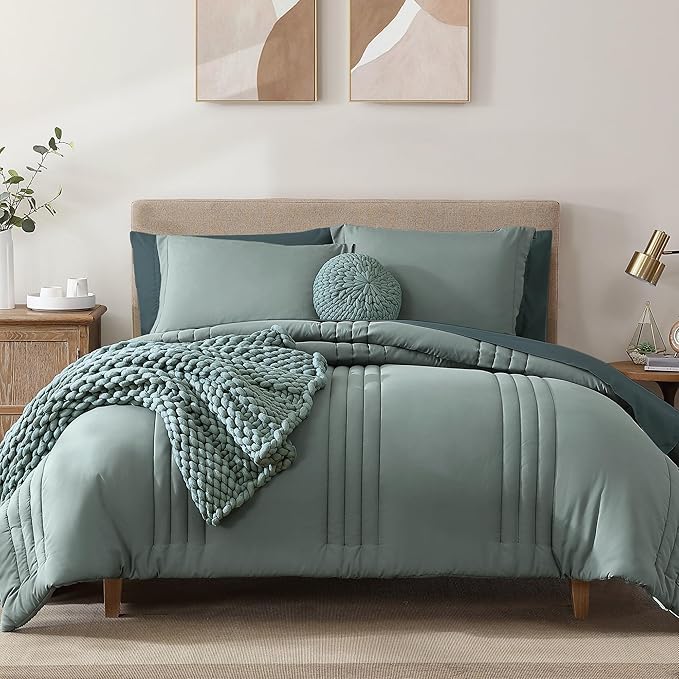 Monbix King Size Comforter Set - 7 Pieces Bed in a Bag King, Sage Green Bedding Sets with Comforter, All Seasons Comforter Bed Set with Sheets, Pillowcases & Shams