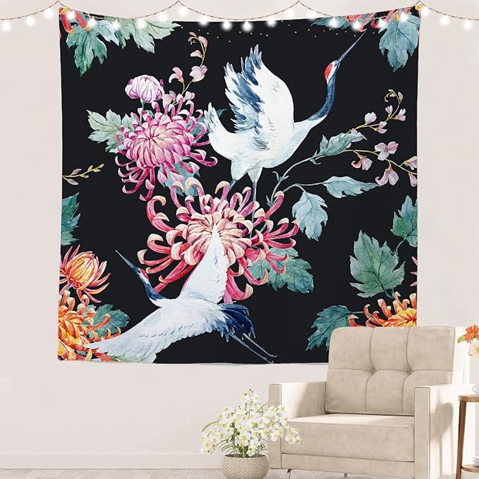 Batmerry White Watercolor S Tapestry, Flower Wall Art Hanging Decoration Polyester Fiber White Ruffled Around for Dorm Room Bedroom Living Room, 59.1x59.1 inches