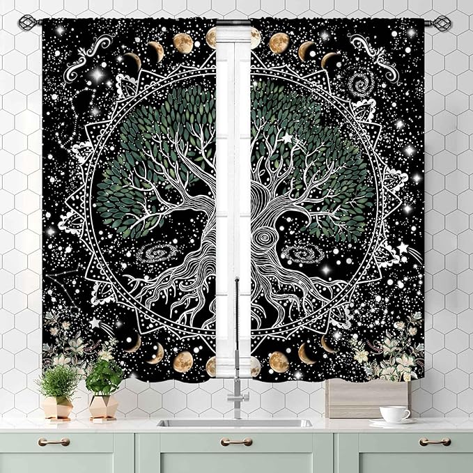 Life Tree Curtains, Hippie Sun Moon Trippy Tree of Life Bohemian Mandala Aesthetci Mystic Witchy Blackout Window Drapery Treatments for Bedroom Living Room Bathroom Decor, 55x39 Inch