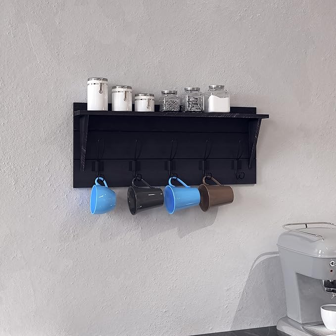 HBCY Creations 24" Wall Mounted Storage Rack - Pine Wood Construction - Black Wash - Upper Storage Shelf - 5 Hooks - Ideal for Entryway, Kitchen, Bathroom