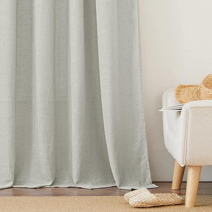 RYB HOME Linen Curtains 108 inches Long, Breathable Vintage Flax Linen Fabric Light Filtering Half Privacy Protected for Sliding Door Living Room Farmhouse, W 52 x L 108 inch, 2 Panels, Grey