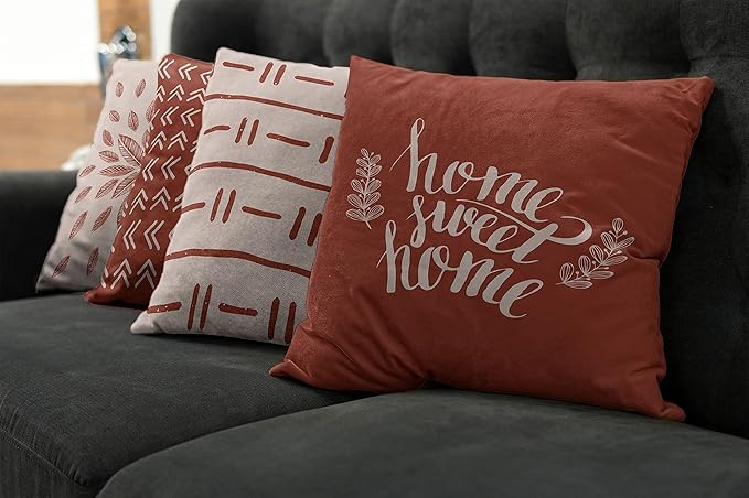 Ambesonne Modern Throw Pillow Cushion Case Pack of 4, Scandinavian Minimal Ornaments Boho Feather Leaves and Home Phrase Print, Modern Accent Double-Sided Digital Printing, 16", Pale Tan and Dark Rust