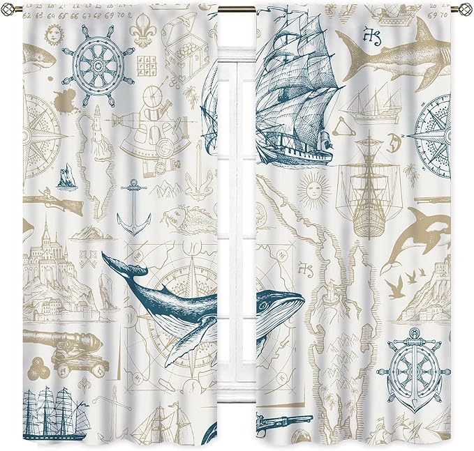 Vintage Nautical Curtains, Marine Coastal Sailboat Compass Anchor Ocean Beach Whale Old Pirate Map Decorative Drapes for Bedroom Living Room Kitchen Bathroom Window 2 Panels Set, 63"x63" Inch