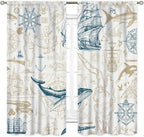 Vintage Nautical Curtains, Marine Coastal Sailboat Compass Anchor Ocean Beach Whale Old Pirate Map Decorative Drapes for Bedroom Living Room Kitchen Bathroom Window 2 Panels Set, 84"x63" Inch