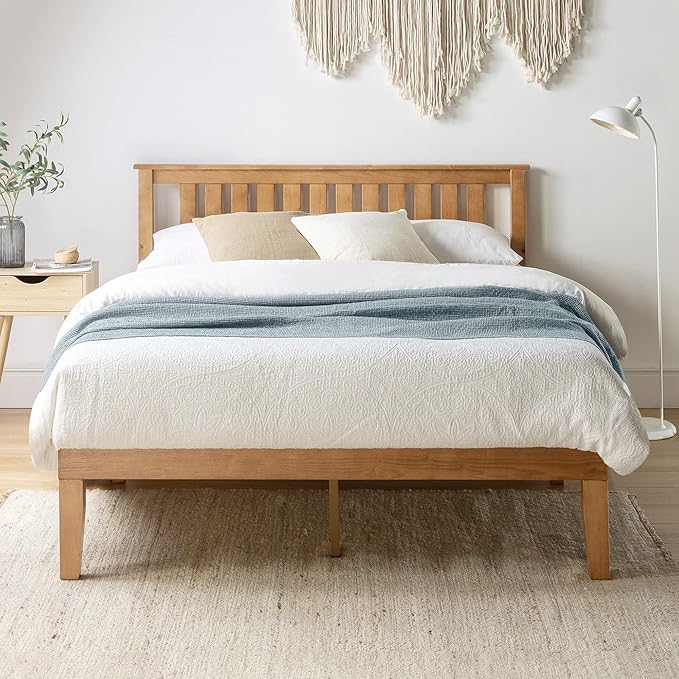 Mellow Marley 14 Inch Solid Wood Platform Bed with Paneled Headboard, Natural Pine, Queen