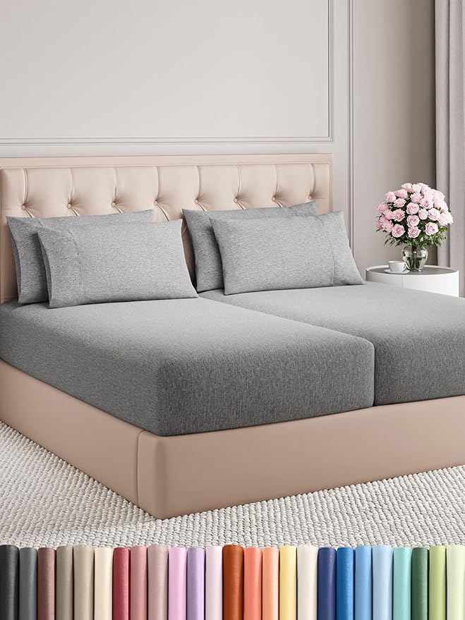 Split King 7 Piece Sheet Set - Comfy Breathable & Cooling - Soft Hotel Luxury Bedding Set w/ 8-16 Inch Deep Pockets - 1 Flat & 2 Fitted Sheet & 4 Pillowcases - Cozy and Wrinkle Free - Heathered Grey