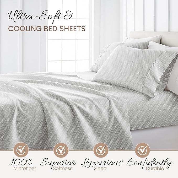 Linen Market Double-Brushed Patterned Microfiber Queen Sheet Set 4 Piece – Oeko-TEX Certified Ultra Soft & Wrinkle-Free - 16" Deep Pocket Sheets - Easy Care Queen Size - Honeycomb Light Gray