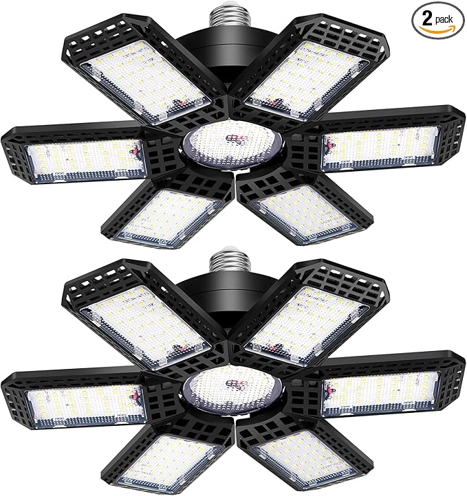 2 Pack Garage Light, 200W 20000LM 6500K LED Shop Lights, Garage Lights Ceiling Led with 6+1 Deformable Panels, Screw in E26/E27 Socket Bulb for Warehouse, Workshop, Basement, Barn Lighting