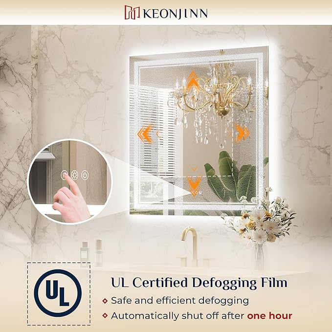 Keonjinn LED Bathroom Mirror 60" x 30" with Frontlit and Backlit, Tempered Glass Stepless 3 Colors Temperature & Dimmable Large Vanity Mirror, UL Listed LED Driver, Double Lights, Anti-Fog Wall Mirror