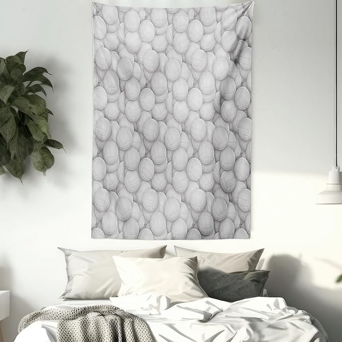 Lunarable Volleyball Tapestry Twin Size, 3 Dimensional White Balls Sports Equipment Digital Composition Team Event, Wall Hanging Bedspread Bed Cover Wall Decor, Twin Size, Grey