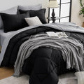 HEVUMYI Queen Comforter Set - 7-Piece All Season Bed in a Bag Queen, Ultra Soft Bedding Set with Comforter, Flat Sheet, Fitted Sheet, Pillowcases, Pillow Shams, Black & Light Grey