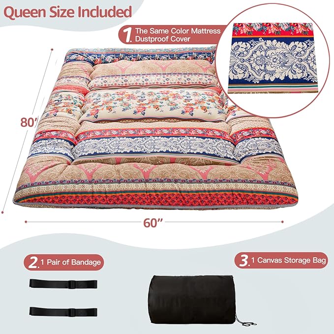 MAXYOYO Bohemian Retro Floor Mattress Vintage Floral Japanese Futon Mattress Roll Up Thicken Sleeping Bed Portable Camping Mattress Floor Lounger Couch Bed Mattress Pad Queen