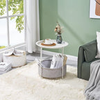 VECELO Round Side/End Table with Fabric Storage Basket，Metal Anti-Rust and Waterproof Small Bedside Nightstand with Removable Tray Top for Living Room，Balcony & Laundry，Beige/2pcs with Basket