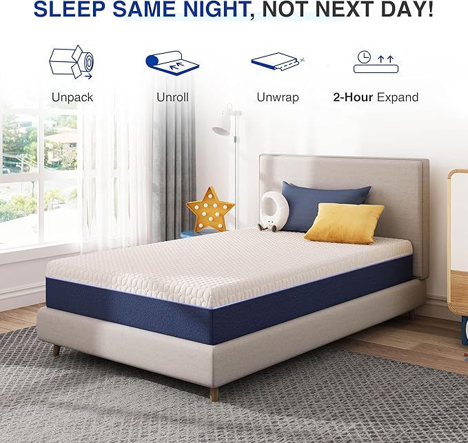 6 Inch TwinXL Size Mattress for Kids, Gel Cooling Memory Foam Mattress in A Box, Medium Firm Feel for Back Pain Relief, CertiPUR US Certified