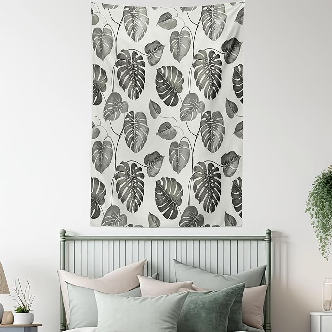 Ambesonne Grey Tapestry, Illustration of Tropical Monstera Leaves Classical with Soft Colors Nature, Wall Hanging for Bedroom Living Room Dorm, 60" X 80", Coconut Gray
