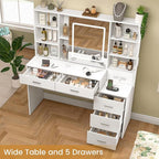 Quimoo Vanity Desk with Lighted Mirror and Power Outlet, Makeup Vanity Desk with 5 Drawers and Cabinet, Hidden and Open Shelves, White Vanity Table Set with 3 Color Lighting