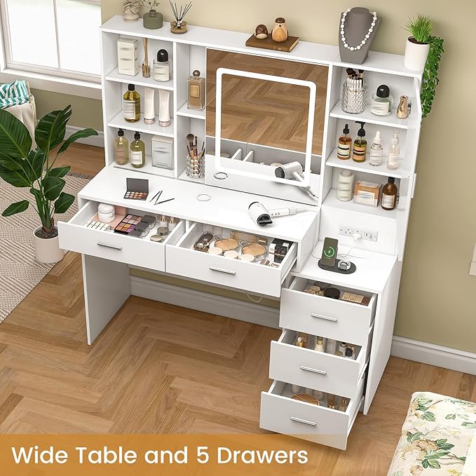 Quimoo Vanity Desk with Lighted Mirror and Power Outlet, Makeup Vanity Desk with 5 Drawers and Cabinet, Hidden and Open Shelves, White Vanity Table Set with 3 Color Lighting