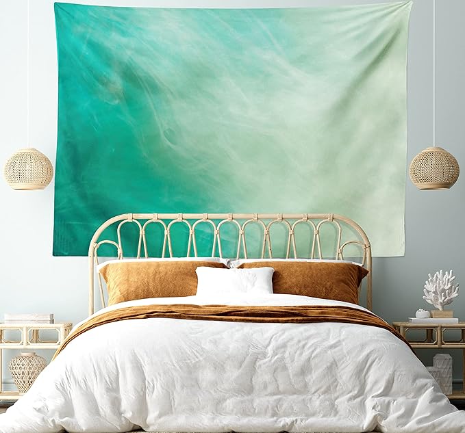 Lunarable Aqua Tapestry King Size, Watercolor Effect Wave Pattern Abstract Underwater Illustration Calming Artwork, Wall Hanging Bedspread Bed Cover Wall Decor, King Size, White Mint