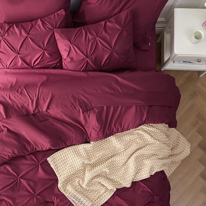 Bedsure King Size Comforter Set Burgundy - Bed in a Bag Bedding Set 7 Pieces, GentleSoft™ Pintuck Bed Set Gift for Family, Pinch Pleat Burgundy Comforter with Sheets, Pillowcases & Shams