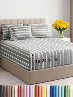 Extra Deep King Sheet Set - 6 Piece Breathable and Cooling Sheets - Hotel Luxury Bed Sheets Set - Easy Fit - Soft, Wrinkle Free and Comfy Sheets Set - Grey Striped Sheet Set with Extra Deep Pockets
